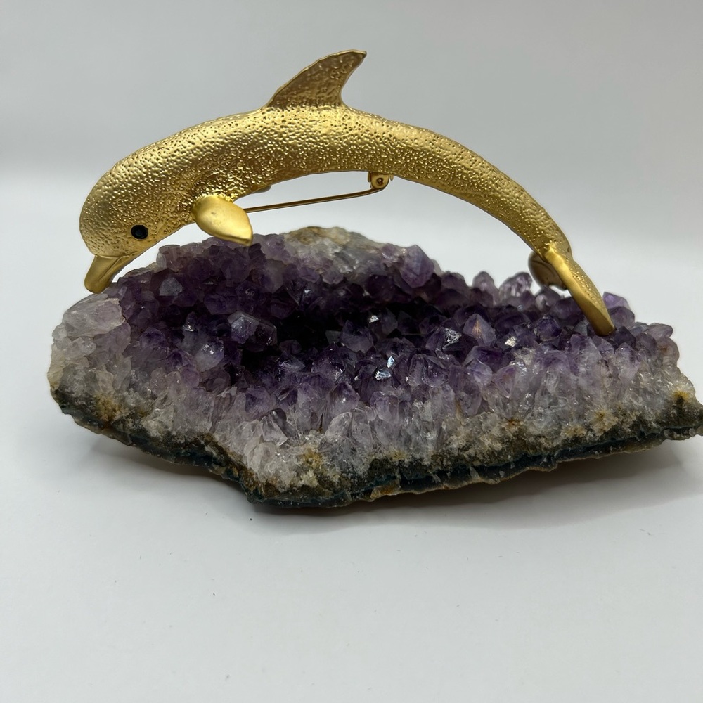 Large Vintage Leaping Dolphin with Blue Rhinestone Eyes Brooch Gold Tone